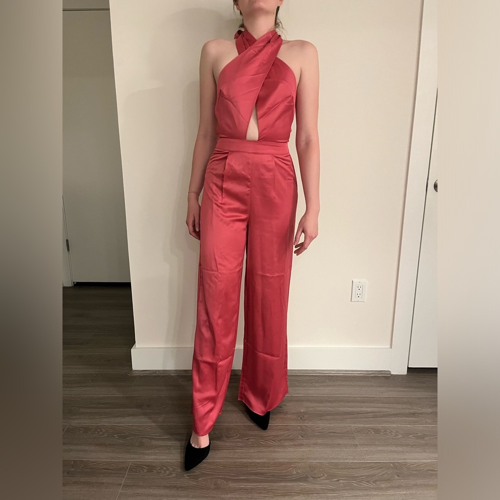 ASOS/In the Style Barbie Pink Satin Halter Neck Jumpsuit